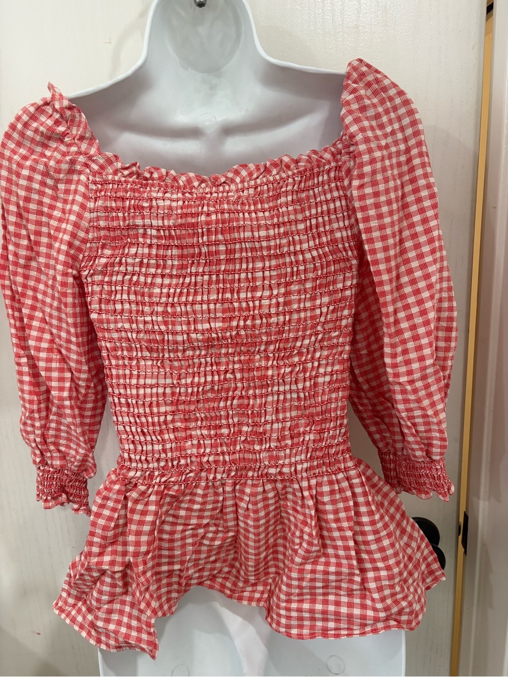 Nicole miller Western country peasant picnic Smocked Red Gingham Peplum Top - Picture 3 of 7